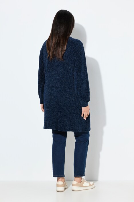 Chenille-Strickjacke, V-Ausschnitt, offene Form, Langarm