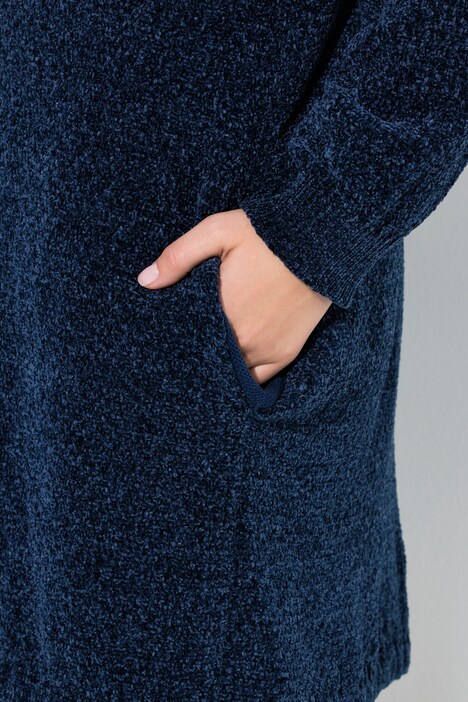 Chenille-Strickjacke, V-Ausschnitt, offene Form, Langarm