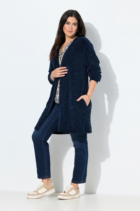 Chenille-Strickjacke, V-Ausschnitt, offene Form, Langarm