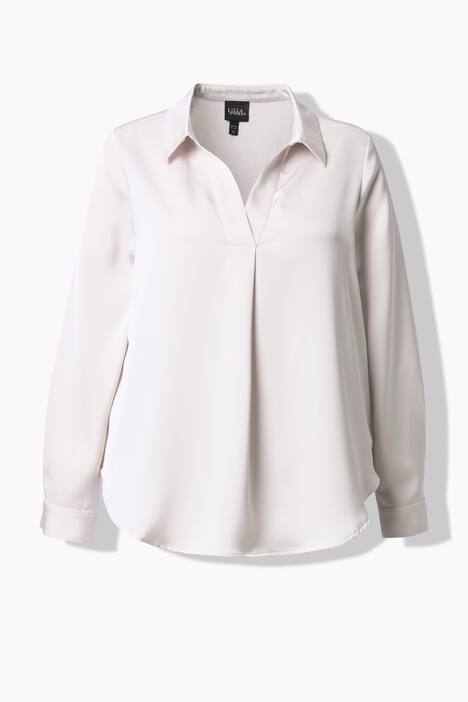 Satijnen blouse, sierplooi, A-lijn, overhemdkraag, lange mouwen