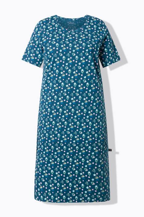 Chemise de nuit 0 fleurs, décolleté rond et manches courtes