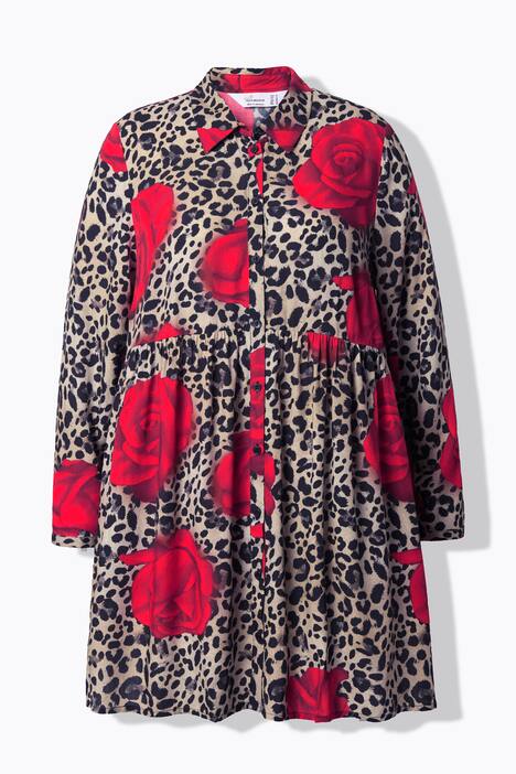 Blusa, forma en A, estampado de leopardo/rosas, manga larga