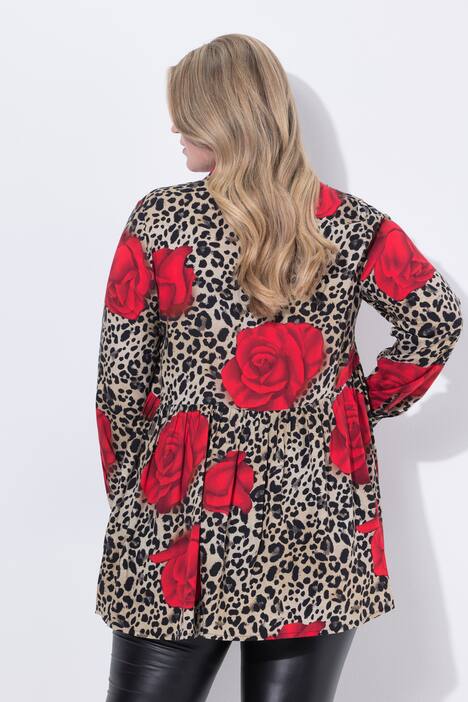 Blusa, forma en A, estampado de leopardo/rosas, manga larga