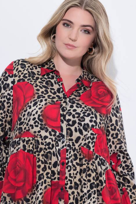 Blusa, forma en A, estampado de leopardo/rosas, manga larga
