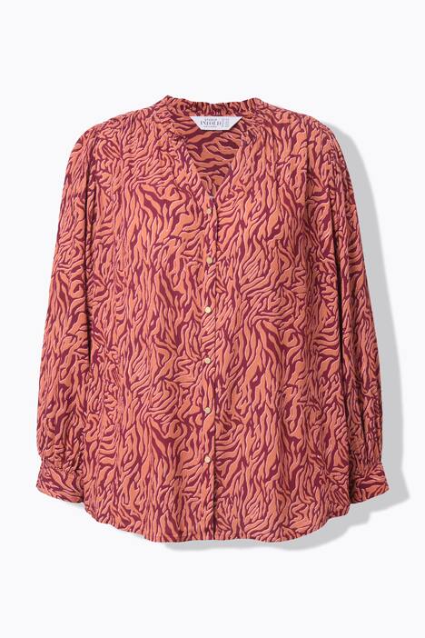 Blusa, forma holgada, crespón, cebra de color, volante fruncido