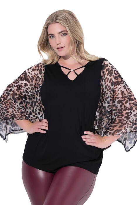 Tričko, Classic střih, 3/4 zvonové rukávy ze síťoviny s leopardím vzorem
