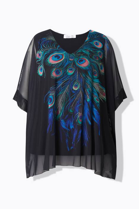 Net-bluse, oversized, påfuglefjer, uigennemsigtig jerseytop