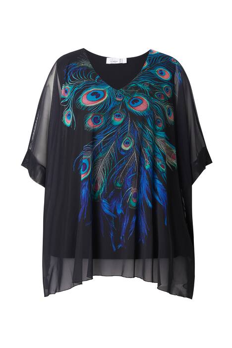 Síťovaná halenka, oversize, paví peří, neprůhledný žerzejový top