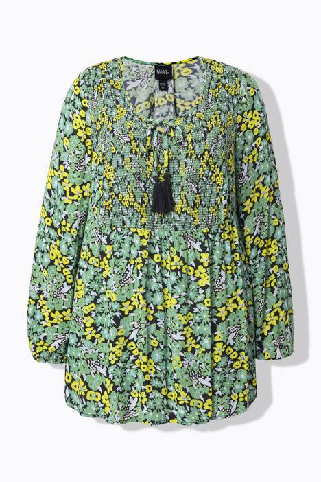 Smockbluse, blomster, A-form, rund hals, 3/4-lange ærmer