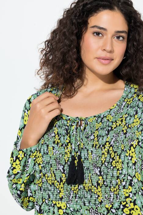 Smockbluse, blomster, A-form, rund hals, 3/4-lange ærmer