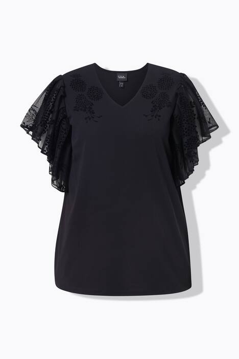 T-shirt décolleté en V, flocage en forme de fleurs et manches courtes chauve-souris