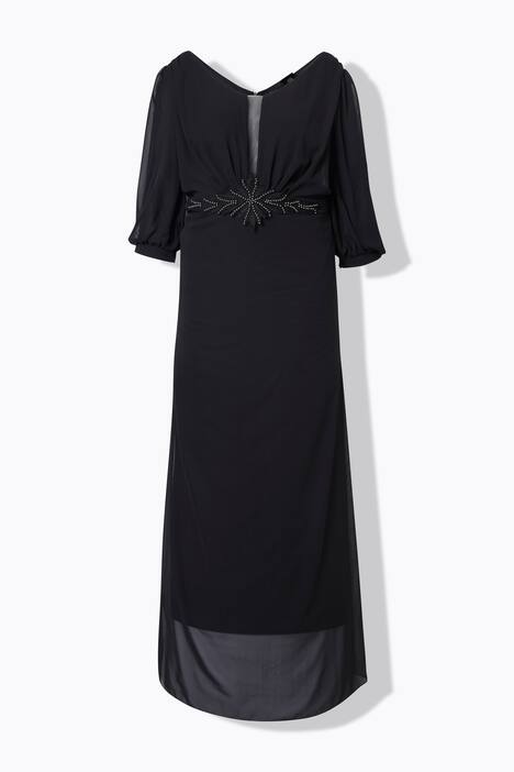 Robe maxi en mousseline, multicouche. Décolleté V, manches 3/4