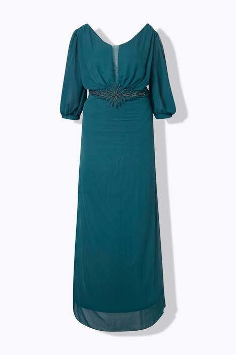 Robe maxi en mousseline, multicouche. Décolleté V, manches 3/4