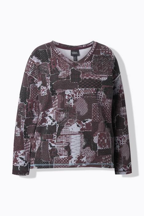 Felpa con stampa effetto patchwork, scollo a V e maniche lunghe