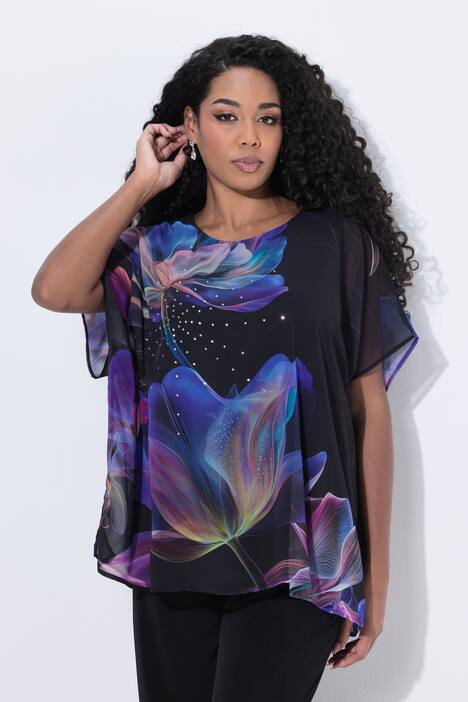 Chiffon-Blusenshirt, doppellagig, Rundhals, Halbarm