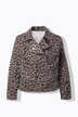 Chaqueta motera, tejido de twill, leopardo, cremallera de metal