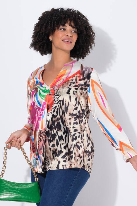 Tunique en satin imprimé all-over, manches longues et coupe évasée