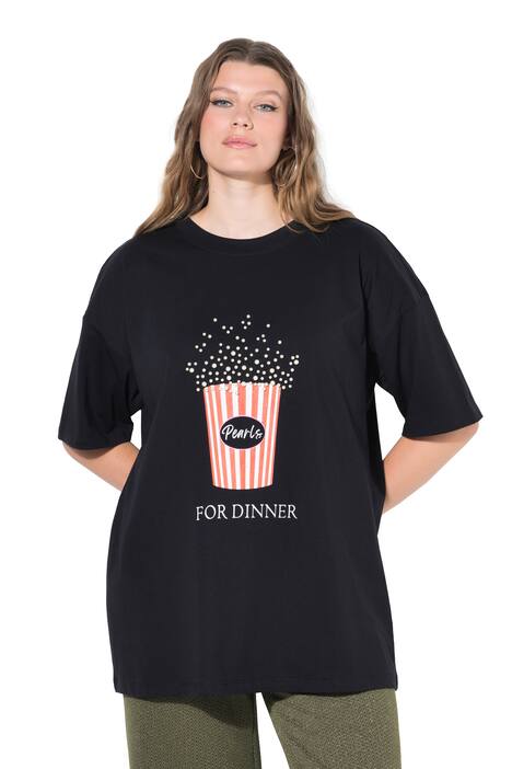 Tričko, oversize, potisk Popcorn s ozdobnými perlami