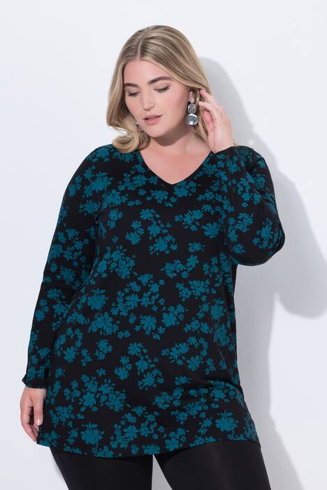 Longshirt, bloemen, A-lijn, V-hals, lange mouw