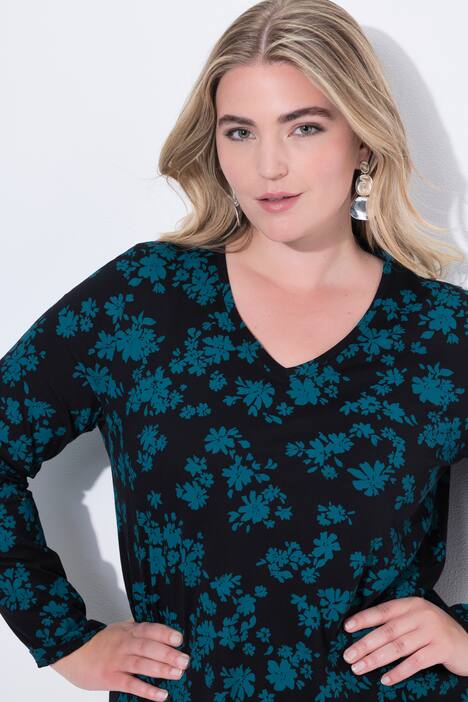 Longshirt, bloemen, A-lijn, V-hals, lange mouw