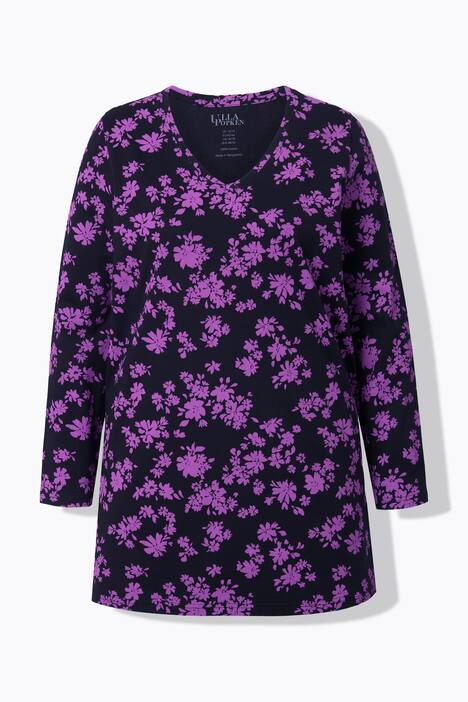 Longshirt, bloemen, A-lijn, V-hals, lange mouw
