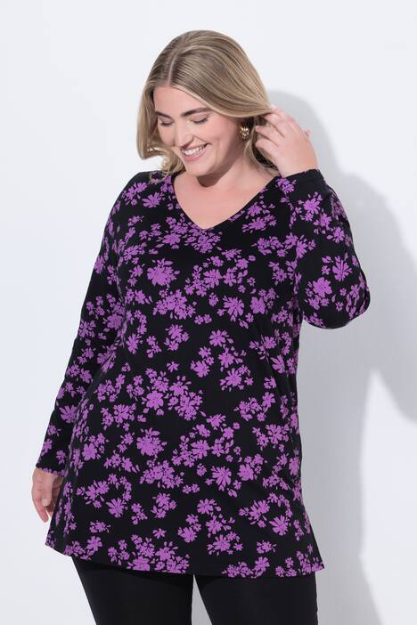 Longshirt, bloemen, A-lijn, V-hals, lange mouw
