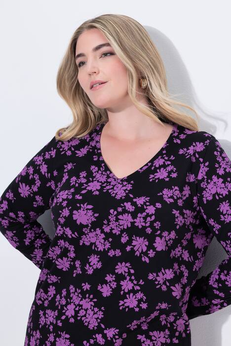 Longshirt, bloemen, A-lijn, V-hals, lange mouw