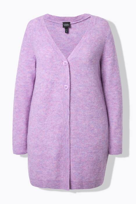 Cardigan long en maille côtelée, col en V, manches longues