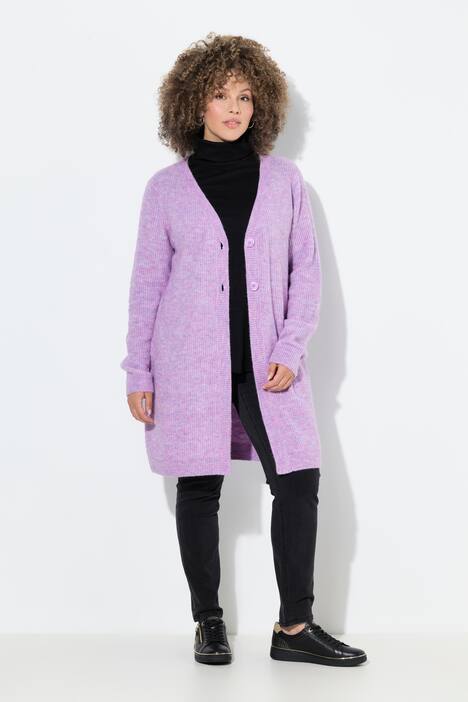Cardigan long en maille côtelée, col en V, manches longues