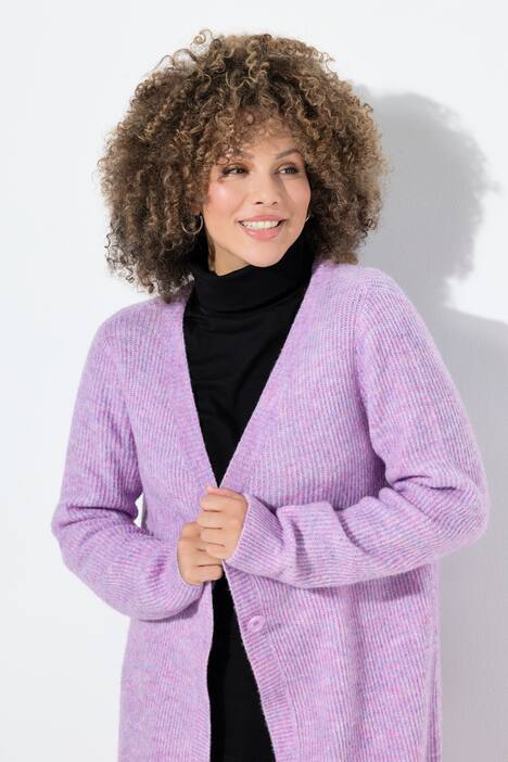 Cardigan long en maille côtelée, col en V, manches longues
