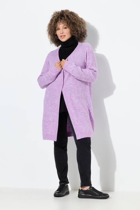 Cardigan long en maille côtelée, col en V, manches longues