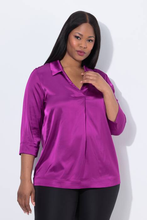 Bluse i sateng, skjortekrage, dekorative plisseringer, 3/4 ermer