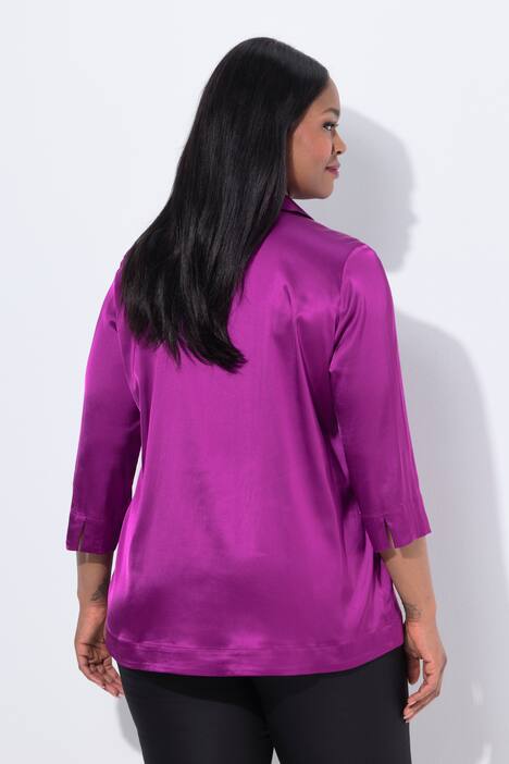 Bluse i sateng, skjortekrage, dekorative plisseringer, 3/4 ermer
