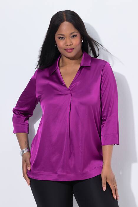 Bluse i sateng, skjortekrage, dekorative plisseringer, 3/4 ermer