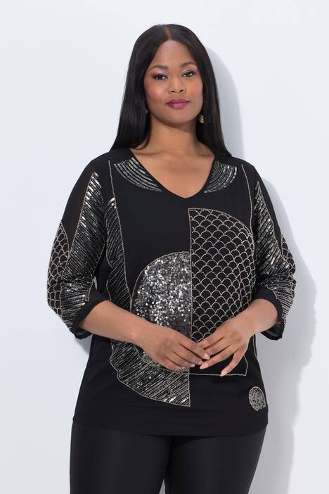 Chiffon-Bluse, Pailletten/Perlen, V-Ausschnitt, 3/4-Arm
