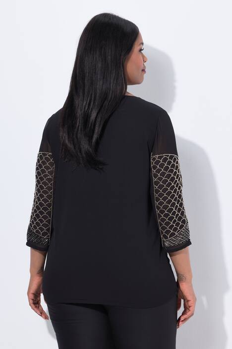 Chiffon-Bluse, Pailletten/Perlen, V-Ausschnitt, 3/4-Arm