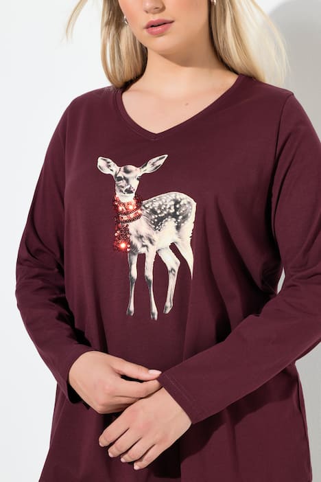 Shirt, reekalf, pailletten, A-lijn, V-hals, lange mouwen