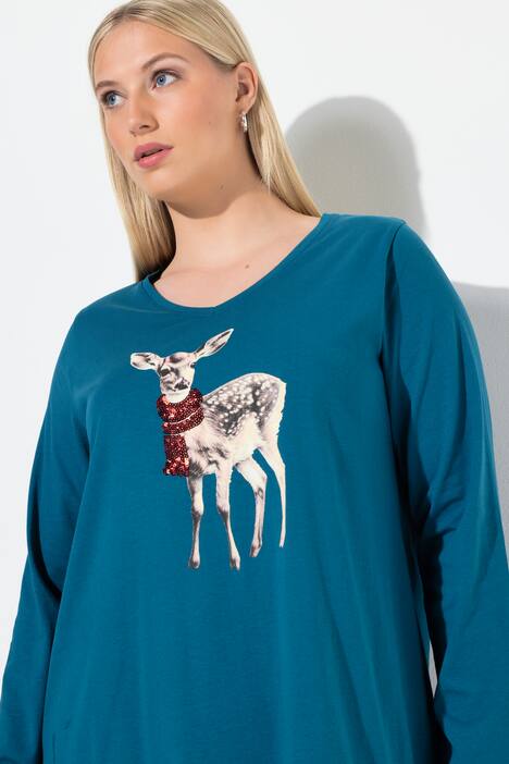 Shirt, reekalf, pailletten, A-lijn, V-hals, lange mouwen