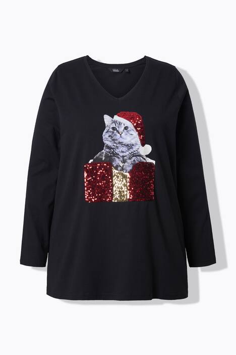 Shirt, Katze, Pailletten, A-Linie, V-Ausschnitt, Langarm