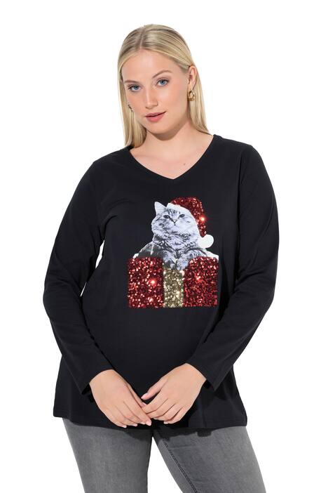 Tričko, kočka, flitry, A střih, výstřih do V, dlouhé rukávy