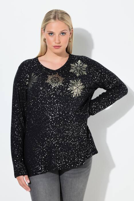 Sweatshirt, Metallic-Druck, V-Ausschnitt, Langarm