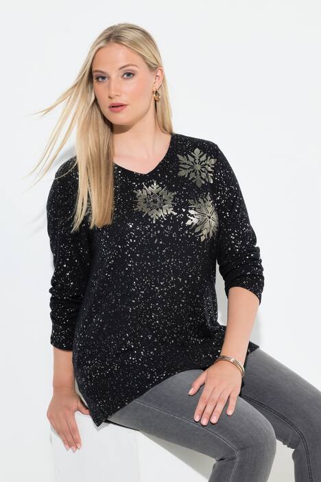 Sweatshirt, Metallic-Druck, V-Ausschnitt, Langarm