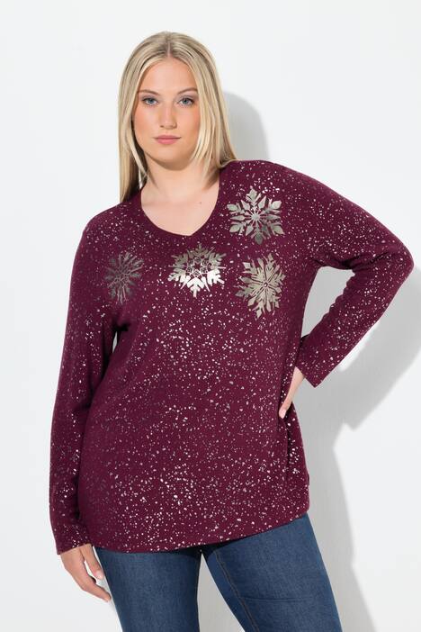 Sweatshirt, Metallic-Druck, V-Ausschnitt, Langarm