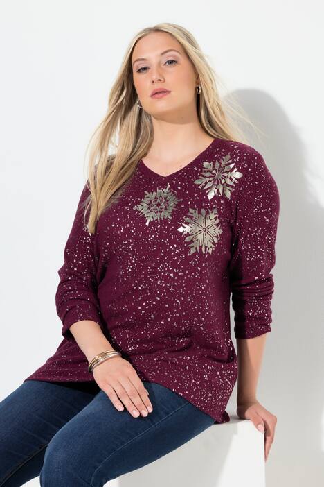Sweatshirt, Metallic-Druck, V-Ausschnitt, Langarm