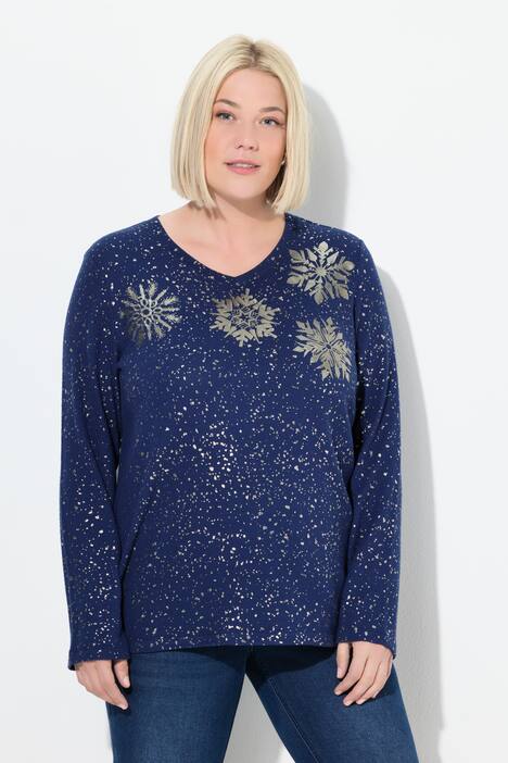 Sweatshirt, Metallic-Druck, V-Ausschnitt, Langarm