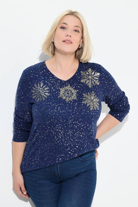 Sweatshirt, Metallic-Druck, V-Ausschnitt, Langarm