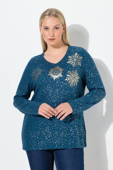 Sweatshirt, Metallic-Druck, V-Ausschnitt, Langarm