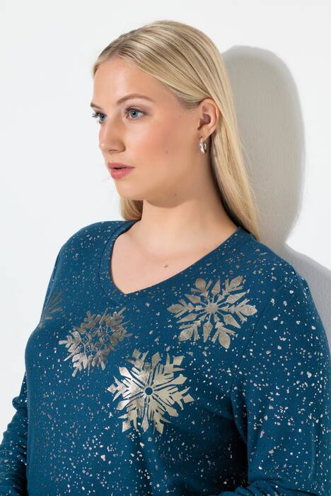 Sweatshirt, Metallic-Druck, V-Ausschnitt, Langarm