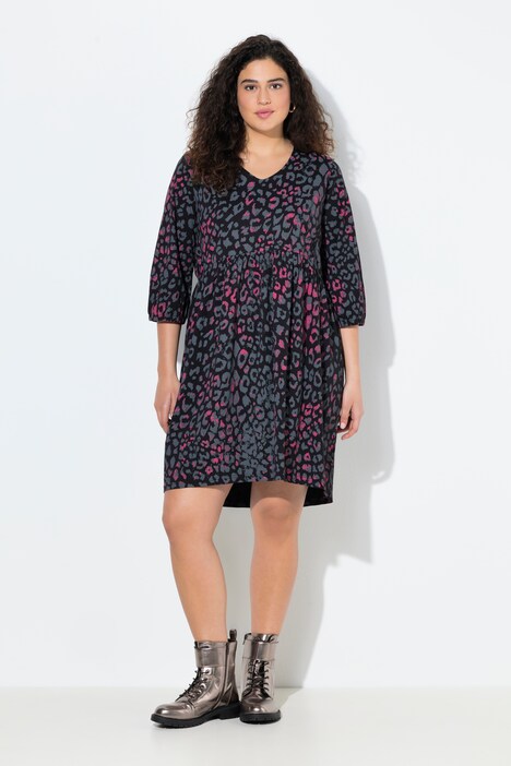 Jerseykleid, Animaldruck, A-Linie, V-Ausschnitt, 3/4-Arm