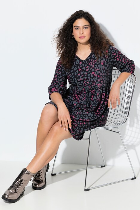 Jerseykleid, Animaldruck, A-Linie, V-Ausschnitt, 3/4-Arm
